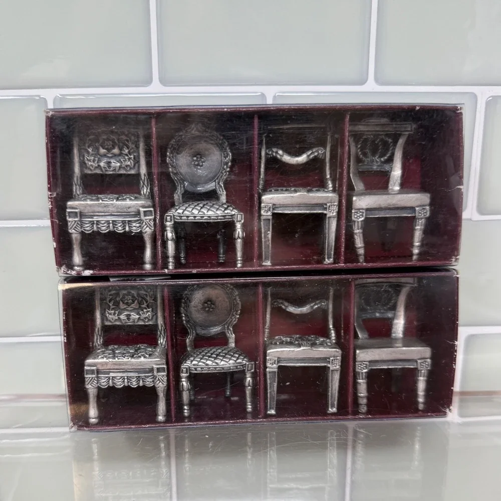 VTG Sixtrees Pewter Miniature Chairs Place Card Holders Set 8 Orig Box